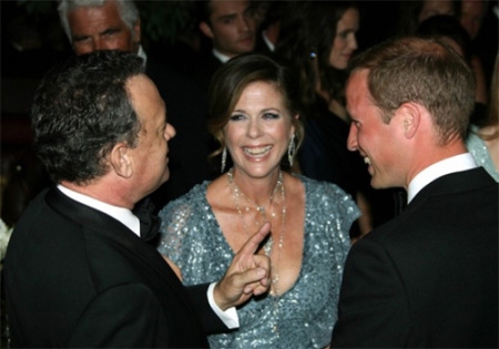 Britain's Prince William speaks to actor Tom Hanks and his wife Rita Wilson at the BAFTA Brits to Watch event in Los Angeles, California July 9, 2011. Prince William and his wife Catherine are on a royal visit to California from July 8 to July 10.