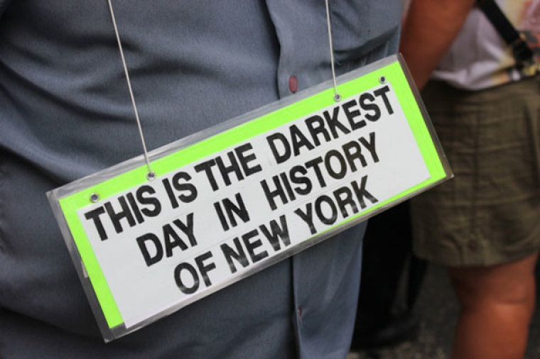 A protester at the 'Let the People Vote' rally in Manhattan on July 24, 2011 wears a sign to protest New York's gay marriage law. Thousands participated in the multi-city rally which called on state lawmakers to put the gay marriage issue before voters through a statewide referendum.