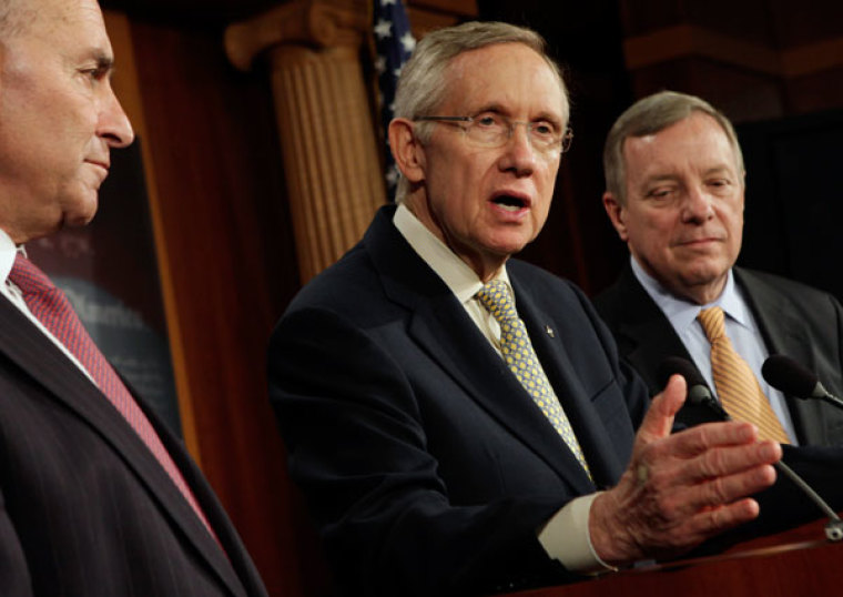 Senate Majority Leader Harry Reid (D-NV) speaks during a joint news conference with Sen. Charles Schumer (D-NY)(L) and Senate Majority Whip Dick Durbin (D-IL) (R) on the Republican Filibuster of Reid's debt plan on Capitol Hill in Washington July 29, 2011.