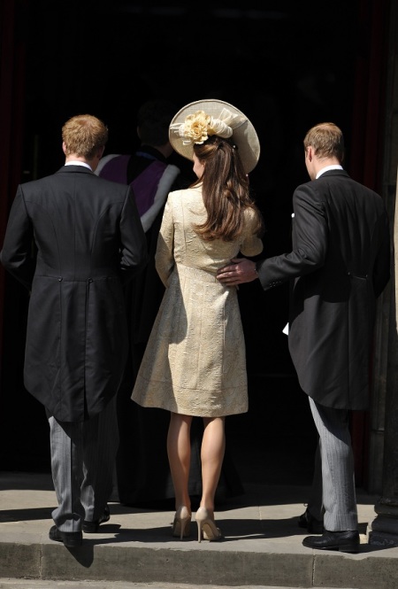 (L to R) Prince Harry, Catherine, Duchess of Cambridge, and Prince William arrive before the marriage of Britain's Zara Phillips, the eldest granddaughter of Queen Elizabeth, and England rugby captain Mike Tindall, at Canongate Kirk in Edinburgh, Scotland, July 30, 2011.