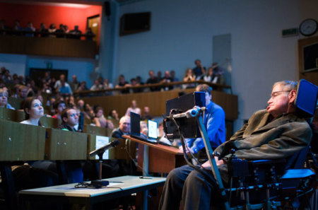 Theoretical physicist professor Stephen Hawking is pictured during his lecture on the creation of the Universe at the European Organization for Nuclear Research (CERN) in Meyrin near Geneva September 9, 2009.