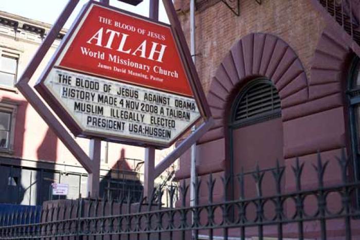 ATLAH World Missionary Church in Harlem displayed a different sign in February 2010 also critical of President Barack Obama.