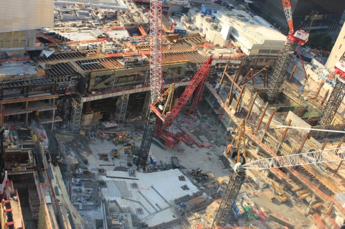 Construction continues at ground zero with cranes mounted on the construction site in New York City, New York, on September 2, 2011. The 10th anniversary of the 9/11 terrorist attacks is only a week away.