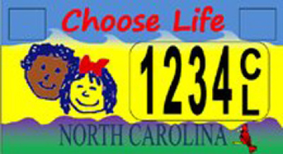 The 'Choose Life' license plate design for North Carolina. Although the bill to issue this plate passed the state legislature, the American Civil Liberties Union is suing to have the plate not be issued.