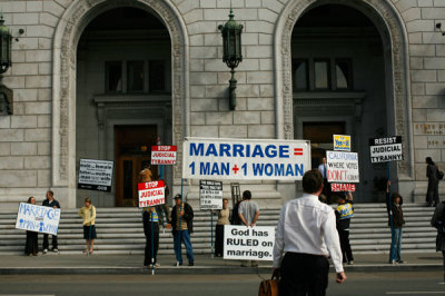 Supporters of California's Proposition 8 ban on gay marriage protest outside the California Supreme Court in San Francisco, California before a hearing on the initiative September 6, 2011. California voters banned same sex weddings in 2008 by approving so-called Proposition 8.