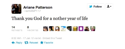 Ariane Noelle Patterson's final tweet, just three hours before she collapsed and died, was an expression of gratitude to God for helping her through another year of her young life.