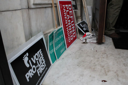 Pro-life signs are left at the door of the Russell Senate Office Building as pro-lifers visit with senators during the 39th Annual March for Life in Washington, D.C., Jan. 23, 2012.