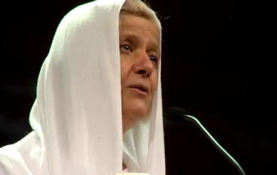 'Mama Maggie' Gobran is seen speaking to the audience at Willow Creek's 16th annual Leadership Summit