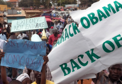 Ugandan activists hold placards and chant slogans during an anti-homosexuality rally in the industrial city of Jinja, 43 miles east of the capital Kampala, Feb. 15, 2010. Homosexuality has become a contentious topic in Africa in recent months after a Ugandan lawmaker proposed a bill including the death penalty for some acts.