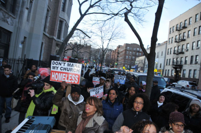 Heavenly Vision Christian Center holds worship service on the street in New York City after being banned from renting public school buildings for weekend services. Some 350 people attended the service, Feb. 19, 2012.