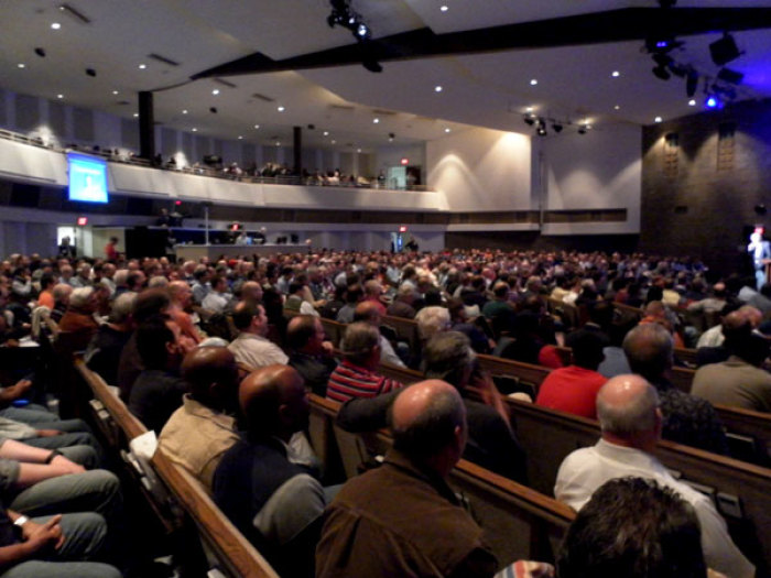 Stephen Kendrick, co-writer and co-director of the film 'Courageous', speaks to hundreds of men gathered at the 'Iron Sharpens Iron' event at Immanuel Bible Church in Springfield, Virginia on Saturday, March 3, 2012.