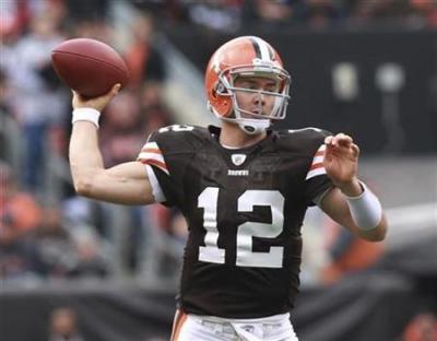 Cleveland Browns starting quarterback Colt McCoy throws in the first half of their NFL game against the New York Jets in Cleveland, Ohio Nov. 14, 2010.