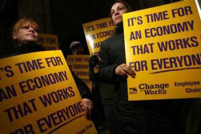 Demonstrators protest outside the Goldman Sachs building in New York, March 19, 2009. The demonstration was part of a national protest against major U.S. banks and firms with participants calling on Congress to take action on employee free choice, health care, and banking reform.