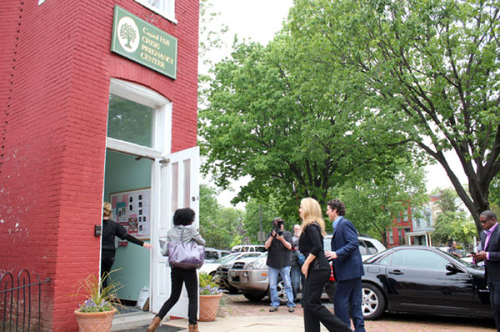 Joel and Victoria Osteen enter the Capitol Hill Pregnancy Center where Generation Hope Project volunteers are helping to renovate the counseling rooms on Thursday, April 26, 2012 in Washington, D.C.