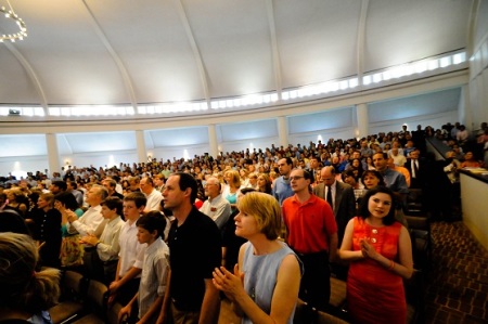 The Anglican congregation of The Falls Church of Virginia worships for the last time at their church property on May 13, 2012. Having lost a suit against the Episcopal Diocese of Virginia, they will be moving their congregation to a different location.