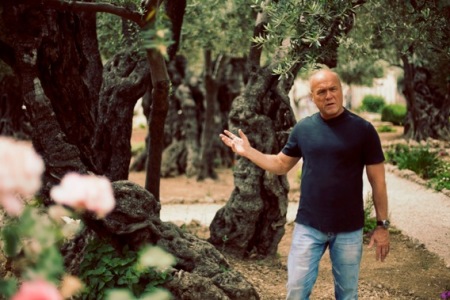 Greg Laurie taping a special sermon at the most probable site of the Garden of Gethsemane in Jerusalem to be shown during this coming Sunday's worship services at Harvest Church in Southern California and by webcast, May 2012.