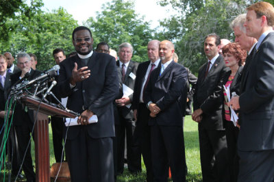 Bishop Harry R. Jackson, Jr., senior pastor of Hope Christian Church in the Washington, D.C. area and founder and chairman of the High Impact Leadership Coalition, answers a question at a press conference on the redefinition of marriage and President Obama's recent public support of same-sex marriage in a park next to the Capitol building in Washington, D.C., on Thursday, May 24, 2012.