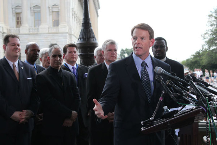 Tony Perkins, president of Family Research Council, speaks at a press conference to support the traditional definition of marriage and the Defense of Marriage Act near the Capitol building in Washington, D.C., on Thursday, May 24, 2012.