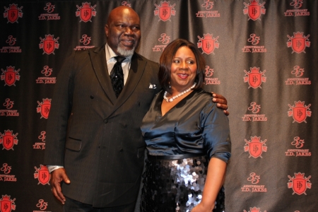 Bishop T.D. Jakes and his wife, Serita, pose for a family photo during his 35th Anniversary Celebration at the AT&T Performing Arts Center/Winspear Opera House on June 8, 2012, in Dallas, Texas. The event also marked the couple's 30th wedding anniversary.