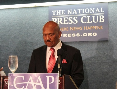 Rev. William Owens Sr., founder and president of the Coalition of African-American Pastors (CAAP), about to deliver remarks at a July 2012 press conference at the Edward R. Murrow Room at the National Press Club in Washington, DC.