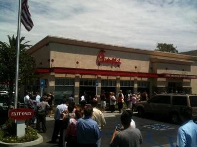 Lunchtime crowd at Chick-fil-A in Santa Ana, Calif., during Chick-fil-A Appreciation Day included long lines of people and cars, Aug. 1, 2012.