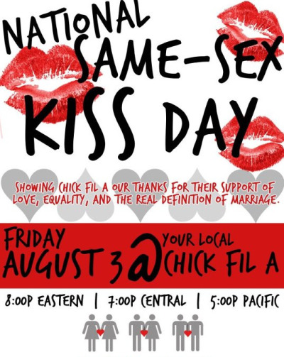 Gay activists are promoting 'National Same Sex Kiss Day At Chick-fil-A' Aug. 3, 2012 to protest the restaurant's views on gay marriage.