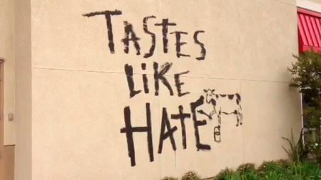 A vandalized Chick Fil-A store in Torrance, California is seen in this frame grab from a cell phone video August 3, 2012. Gay rights activists and backers of same-sex marriage plan to hold a nationwide 'kiss-in' at Chick-fil-A restaurants on Friday to protest the fast-food chain president's opposition to homosexual unions. Same Sex Kiss Day is a reaction to comments last month from Dan Cathy, who said he supported 'the biblical definition of the family unit' and that backers of gay marriage were 'arrogant.'