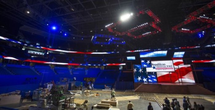 Journalists view the stage for the upcoming Republican National Convention after it was unveiled by Republican National Committee Chairman Reince Priebus in Tampa, Florida August 20, 2012.