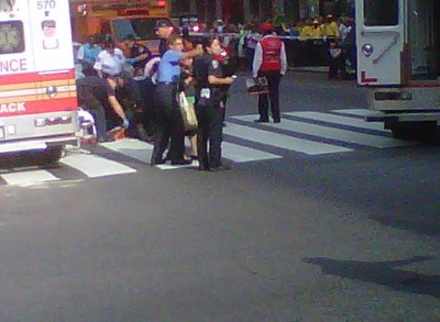 There were reports Friday, Aug. 24, 2012, that several people had been shot at the Empire State Building along Fifth Avenue in New York City. The Twitter user who shared this photo wrote in the caption: 'Shooting at Empire State Building. Several gunshot victims, including Gray Line worker.'