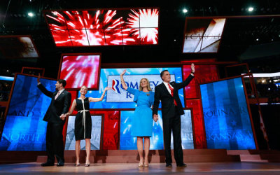 Republican presidential nominee Mitt Romney (R) waves to the crowd with his wife Ann (2nd from R), vice presidential runningmate Rep. Paul Ryan (L) and Ryan's wife Janna (2nd from L) after accepting the nomination during the final session of the Republican National Convention in Tampa, Florida, August 30, 2012.