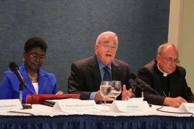 Dr. Barbara Williams-Skinner, co-facilitator of the National African American Clergy Network, Jim Wallis, president and CEO of Sojourners, and Bishop Stephen Blaire, chair of the committee on domestic justice and human development for the U.S. Conference of Catholic Bishops, at the Circle of Protection press conference, September 12, 2012, Washington, D.C.