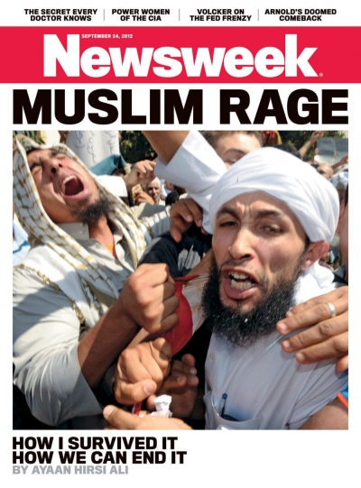 Newsweek released the cover image and story for its Sept. 24, 2012 issue Monday, Sept. 17, telling followers of the publication on Twitter: 'This week's Newsweek cover, on newsstands & the iPad today: #MuslimRage! Ayaan Hirsi Ali writes on how she survived it.'