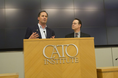 Harmon Kaslow (L), producer of Atlas Shrugged II, and David Boaz (R), executive vice president of Cato Institute, introducing a premier of Atlas Shrugged II at Cato Institute, Washington, D.C., Sept. 20, 2012.