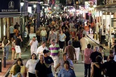 Crowd walking on Bourbon street in the French Quarter area of New Orleans August 26, 2006.