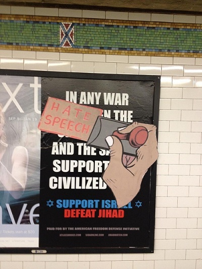 This anti-Jihad advertisement in the New York City subway system shows the discord over the controversial ad. Supporters of the ad argue that it is an expression of free speech, while those who oppose the ad say it should be classified as hate speech.