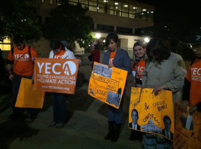 Young Evangelicals for Climate Action group holding banners at the 2nd Presidential debate outside Hofstra University, New York on Oct. 16, 2012.