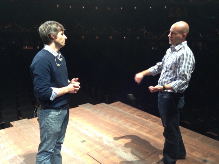 Willow Creek's worship leader Matt Lundgren (L) has a staging discussion with Paul Johnson, the church's executive producer.