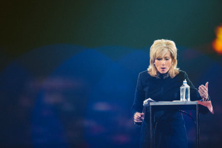 Popular speaker and author Beth Moore gives a Bible study to 60,000 students about the significance and symbolism in the Lord's Supper at Passion 2013 in Atlanta, Georgia on Wednesday, January 2, 2013.