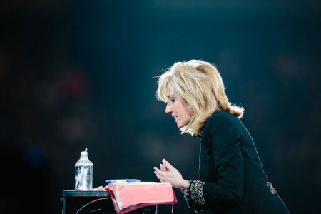 Popular speaker and author Beth Moore gives a Bible study to 60,000 students about the significance and symbolism in the Lord's Supper at Passion 2013 in Atlanta, Georgia on Wednesday, January 9, 2013.