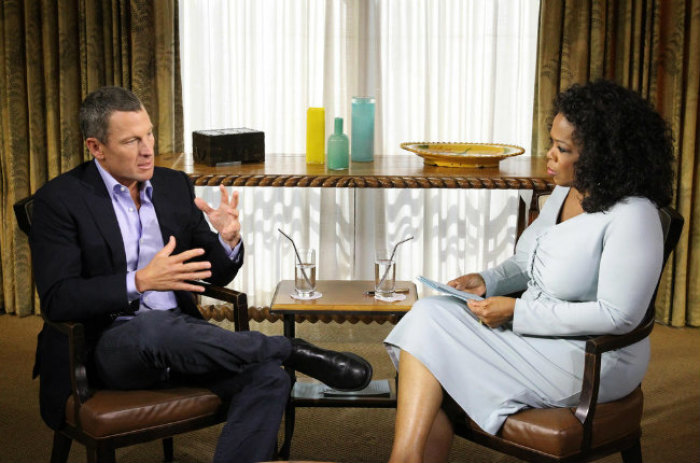 The Oprah Winfrey Network released a photo showing disgraced cyclist Lance Armstrong sitting down for an interview with Winfrey on Monday, Jan. 14, 2012.