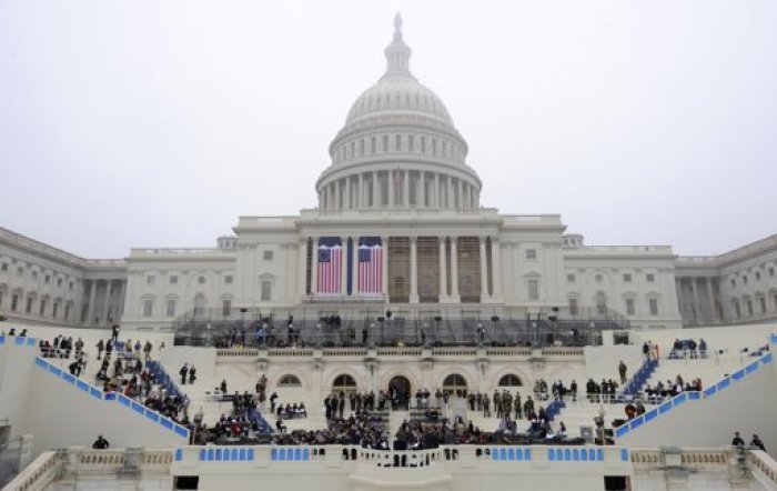 General view of the west front, with construction still on-going, during a dress rehearsal on a misty and foggy day, for the inaugural of President Barack Obama at the US Capitol, Washington DC, January 13, 2013. The official inauguration and swearing-in is January 21, 2013.