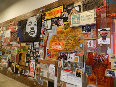 An anti-slavery collage display at Passion City Church in Atlanta, Georgia.