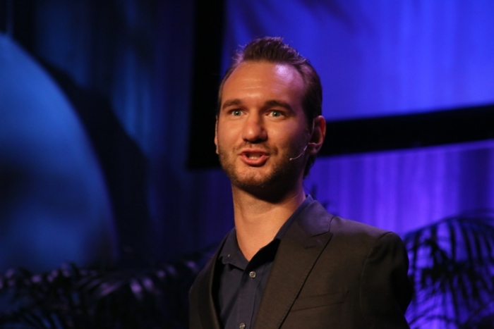 Inspirational speaker Nick Vujicic, who was born without arms or legs, speaks at the National Religious Broadcasters convention in Nashville, Tennessee, on March 5, 2013.