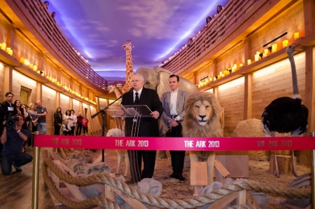 Pastors John and Matthew Hagee at the ribbon cutting for the public grand opening of The Ark at Cornerstone Church in San Antonio, Texas, on March 16, 2013.