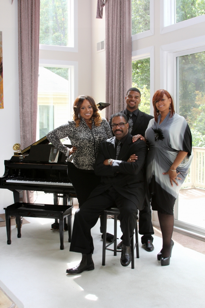 (L-R) Kierra Sheard, Bishop J Drew Sheard, J Drew Sheard II and Karen Clark Sheard of Detroit, Michigan pictured in a promotional image for former BET docu-series, 'The Sheards,' which aired in 2013.