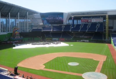 Workers setting up the stage in preparation for Joel and Victoria Osteen's 'America's Night of Hope' event at Marlins Park in Miami, Fla., April 19, 2013.