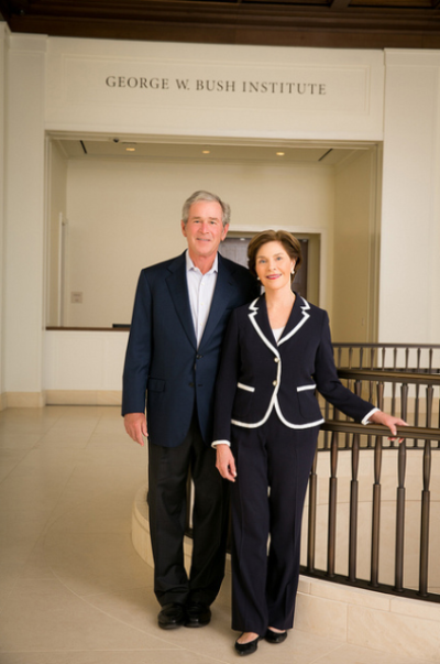 President and Mrs. Bush in front of the Bush Institute Entrance in Dallas, Texas, on March 20, 2013.