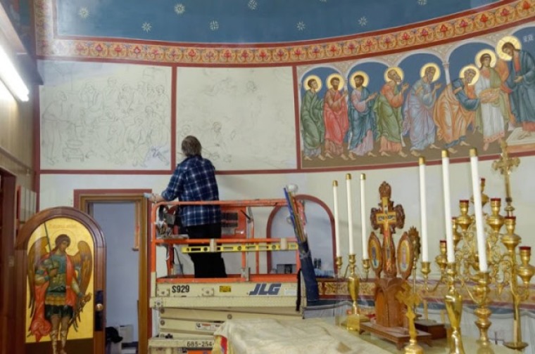 Iconographer Fr. Theodore Jurewicz drawing and painting icons covering the interior of St. Stephen Serbian Orthodox Church in Lackawanna, N.Y., on Nov. 1, 2012.