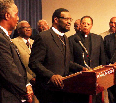 Bishop Harry Jackson of Hope Christian Church, Beltsville, MD, speaks at a news conference held at the National Press Building in Washington, DC on May 14, 2013.