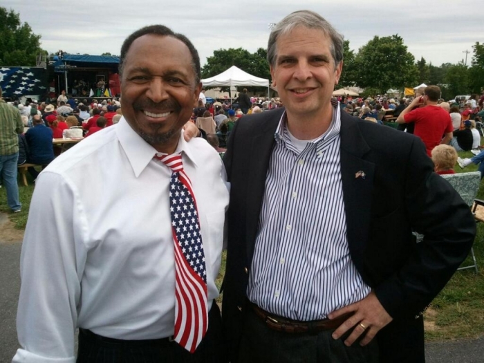 Republican nominee for Virginia Lt. Governor, Bishop E.W. Jackson (l) and Virginia State Sen. Mark Obenshain, Republican nominee for attorney general in Virginia.